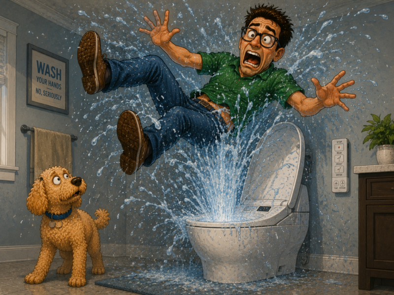 Man is thrown backward from a bursting washing machine while a dog watches in a laundry room.