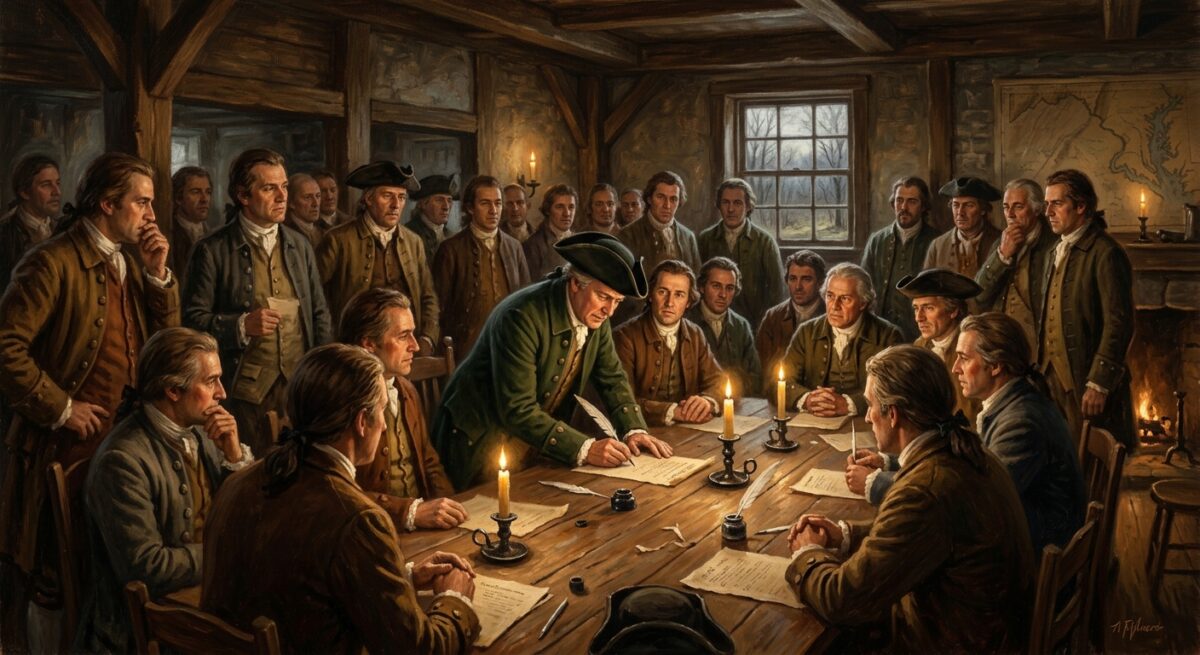 A dramatic, painterly scene set in colonial Maryland, spring 1775, depicting a group of 34 determined men gathered inside a modest wooden meeting hall or tavern, quill pens and parchment spread across a rough-hewn table. Warm candlelight illuminates their resolute faces — farmers, landowners, local leaders in tricorn hats and colonial-era coats — as one figure signs a document with gravity and purpose. Through a small window, bare trees and an overcast sky suggest the uncertainty of early spring. The atmosphere is tense and historic, intimate rather than grand, conveying quiet courage rather than pageantry. The setting feels rural and provincial, nothing like Philadelphia's grand halls — just ordinary men making an extraordinary choice. Rendered in a rich, textured editorial illustration style reminiscent of historical oil paintings, with deep amber and sepia tones, dramatic chiaroscuro lighting, and a sense of solemn, understated heroism.