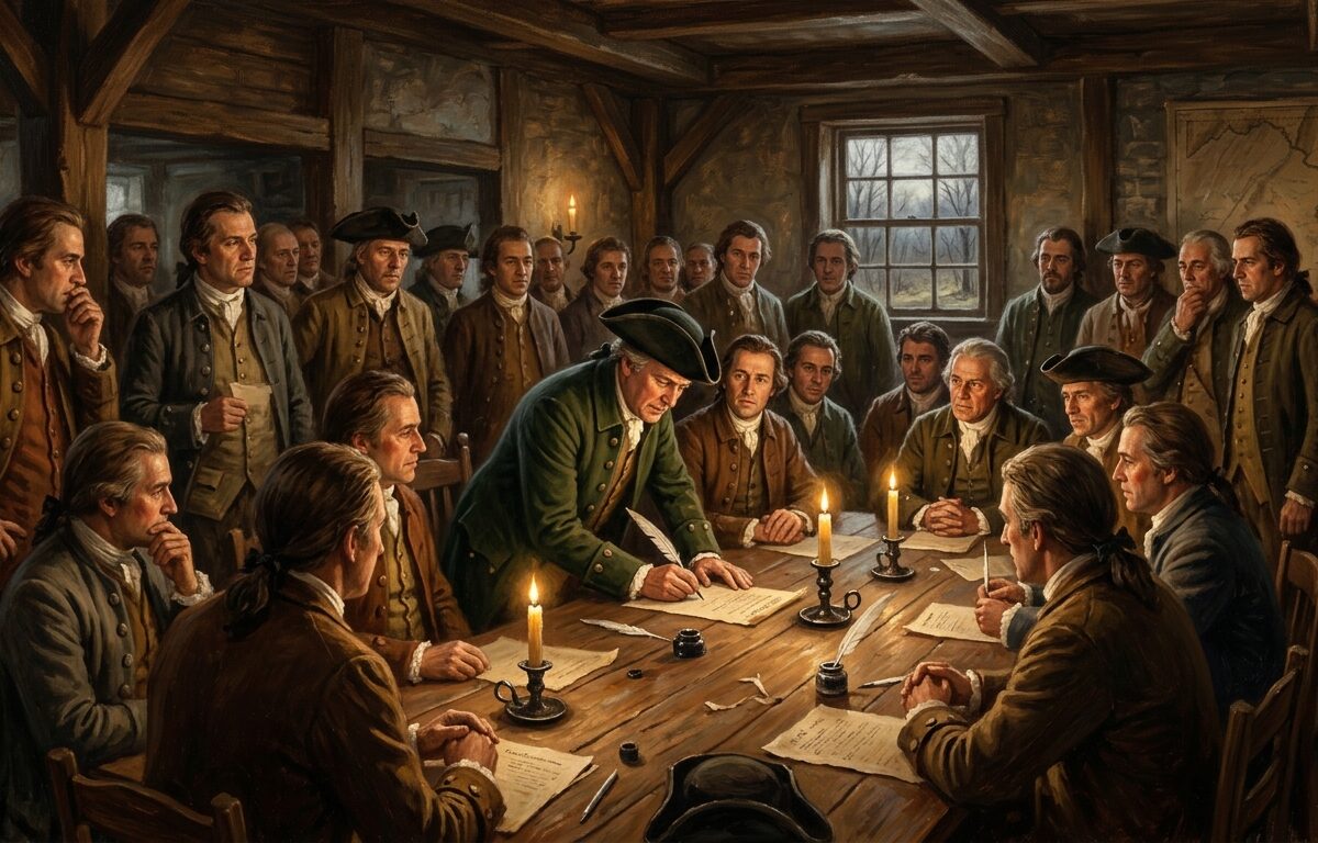 A dramatic, painterly scene set in colonial Maryland, spring 1775, depicting a group of 34 determined men gathered inside a modest wooden meeting hall or tavern, quill pens and parchment spread across a rough-hewn table. Warm candlelight illuminates their resolute faces — farmers, landowners, local leaders in tricorn hats and colonial-era coats — as one figure signs a document with gravity and purpose. Through a small window, bare trees and an overcast sky suggest the uncertainty of early spring. The atmosphere is tense and historic, intimate rather than grand, conveying quiet courage rather than pageantry. The setting feels rural and provincial, nothing like Philadelphia's grand halls — just ordinary men making an extraordinary choice. Rendered in a rich, textured editorial illustration style reminiscent of historical oil paintings, with deep amber and sepia tones, dramatic chiaroscuro lighting, and a sense of solemn, understated heroism.