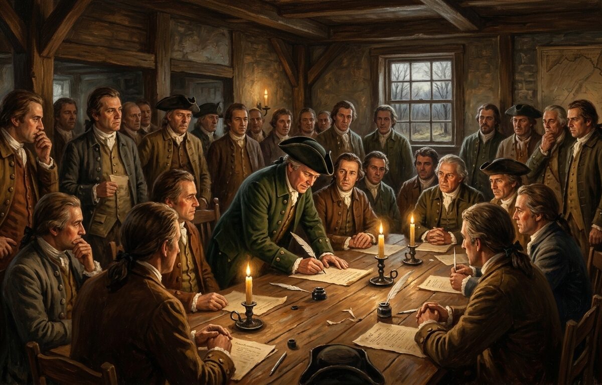 A dramatic, painterly scene set in colonial Maryland, spring 1775, depicting a group of 34 determined men gathered inside a modest wooden meeting hall or tavern, quill pens and parchment spread across a rough-hewn table. Warm candlelight illuminates their resolute faces — farmers, landowners, local leaders in tricorn hats and colonial-era coats — as one figure signs a document with gravity and purpose. Through a small window, bare trees and an overcast sky suggest the uncertainty of early spring. The atmosphere is tense and historic, intimate rather than grand, conveying quiet courage rather than pageantry. The setting feels rural and provincial, nothing like Philadelphia's grand halls — just ordinary men making an extraordinary choice. Rendered in a rich, textured editorial illustration style reminiscent of historical oil paintings, with deep amber and sepia tones, dramatic chiaroscuro lighting, and a sense of solemn, understated heroism.