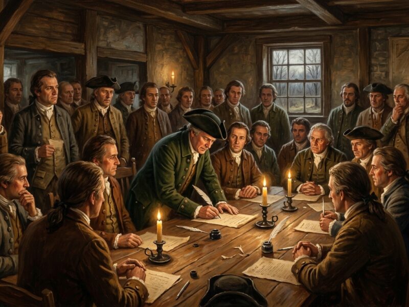 A dramatic, painterly scene set in colonial Maryland, spring 1775, depicting a group of 34 determined men gathered inside a modest wooden meeting hall or tavern, quill pens and parchment spread across a rough-hewn table. Warm candlelight illuminates their resolute faces — farmers, landowners, local leaders in tricorn hats and colonial-era coats — as one figure signs a document with gravity and purpose. Through a small window, bare trees and an overcast sky suggest the uncertainty of early spring. The atmosphere is tense and historic, intimate rather than grand, conveying quiet courage rather than pageantry. The setting feels rural and provincial, nothing like Philadelphia's grand halls — just ordinary men making an extraordinary choice. Rendered in a rich, textured editorial illustration style reminiscent of historical oil paintings, with deep amber and sepia tones, dramatic chiaroscuro lighting, and a sense of solemn, understated heroism.