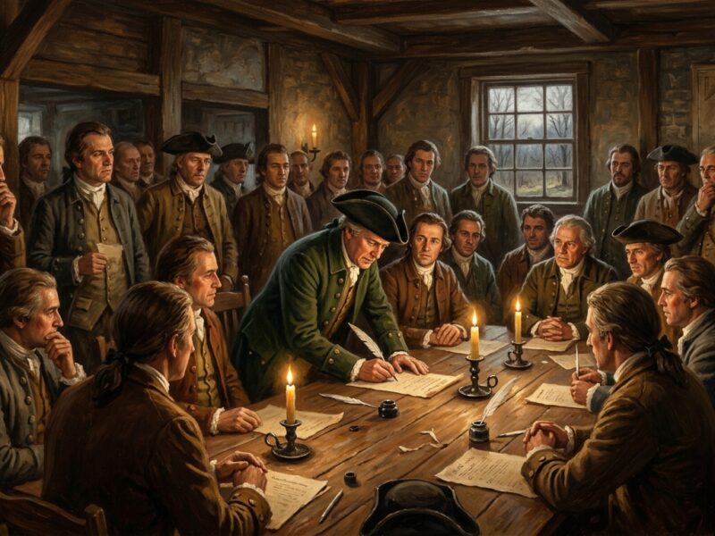 A dramatic, painterly scene set in colonial Maryland, spring 1775, depicting a group of 34 determined men gathered inside a modest wooden meeting hall or tavern, quill pens and parchment spread across a rough-hewn table. Warm candlelight illuminates their resolute faces — farmers, landowners, local leaders in tricorn hats and colonial-era coats — as one figure signs a document with gravity and purpose. Through a small window, bare trees and an overcast sky suggest the uncertainty of early spring. The atmosphere is tense and historic, intimate rather than grand, conveying quiet courage rather than pageantry. The setting feels rural and provincial, nothing like Philadelphia's grand halls — just ordinary men making an extraordinary choice. Rendered in a rich, textured editorial illustration style reminiscent of historical oil paintings, with deep amber and sepia tones, dramatic chiaroscuro lighting, and a sense of solemn, understated heroism.