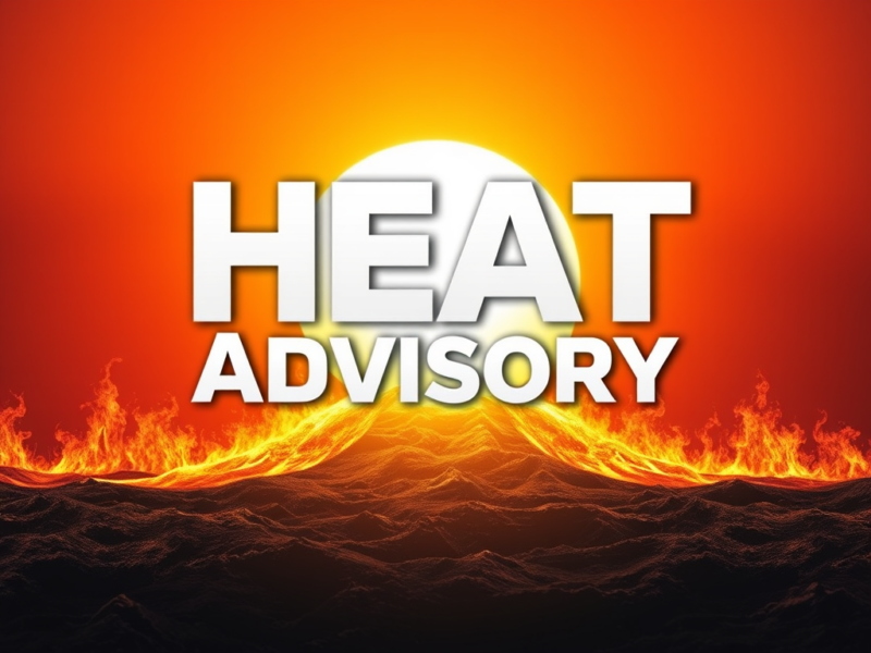 Heat advisory text over a blazing sunset with flames and dark waves.