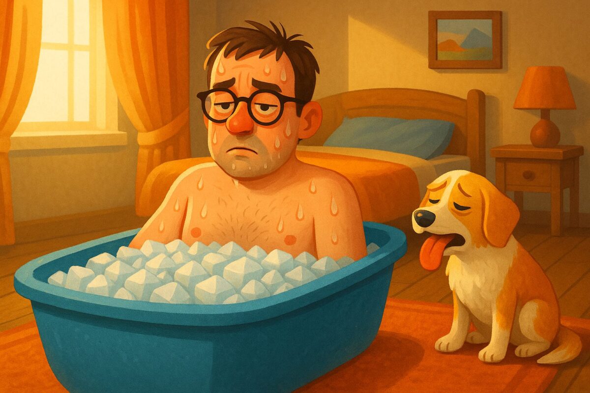 Sad man sitting in a tub of ice with a tired dog beside him in a cozy bedroom.