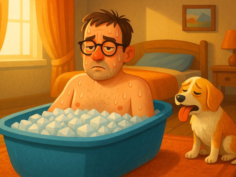 Sad man sitting in a tub of ice with a tired dog beside him in a cozy bedroom.