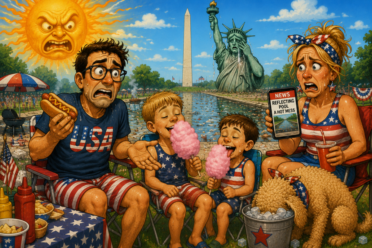 American family picnic with cotton candy, hot dog, and Statue of Liberty, under a glaring sun.