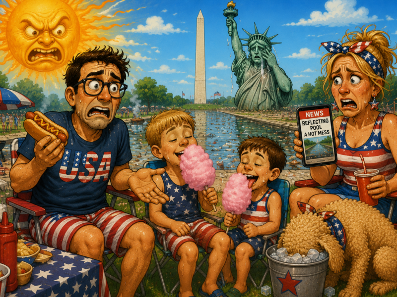 American family picnic with cotton candy, hot dog, and Statue of Liberty, under a glaring sun.