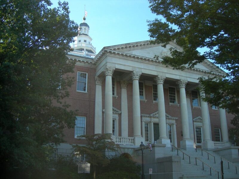 Historic brick courthouse with tall white columns and steps, partly framed by trees.