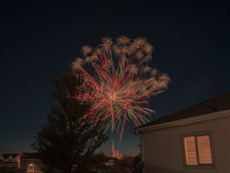 Colorful fireworks display illuminating suburban night sky with houses in the foreground.