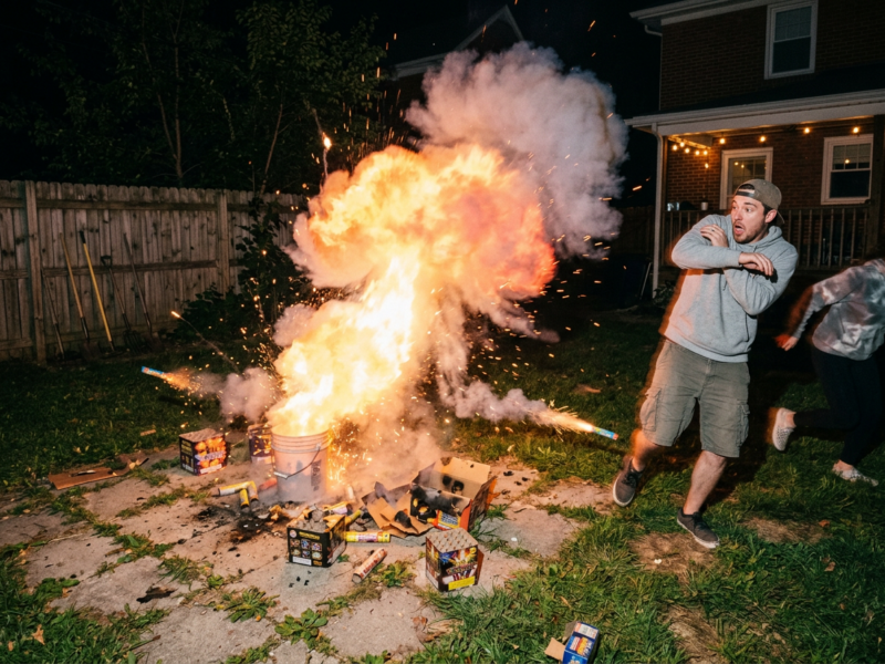 Fireworks exploding with bright flames and smoke in backyard near two startled people