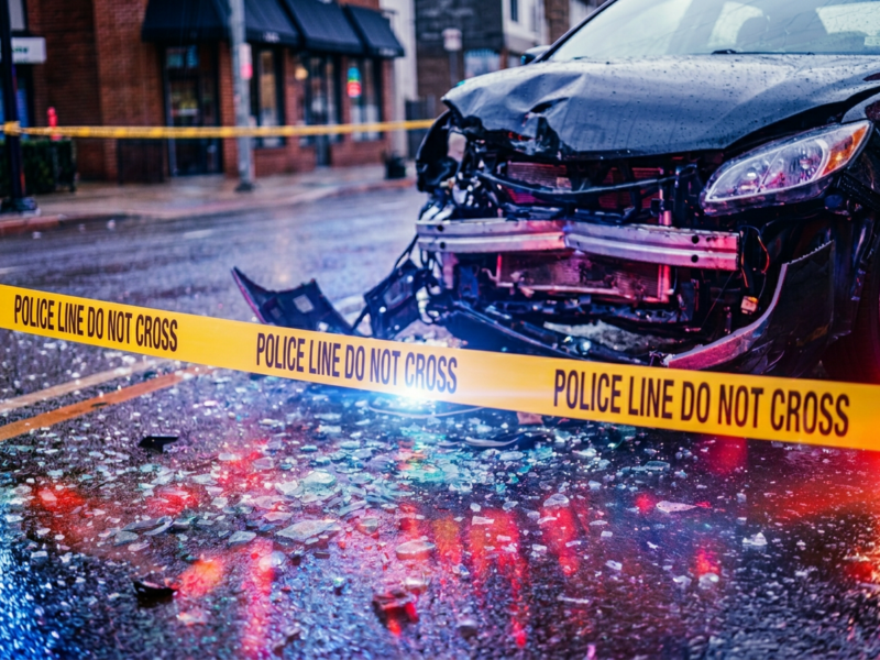 Damaged car front with shattered glass and police tape reading Police Line Do Not Cross