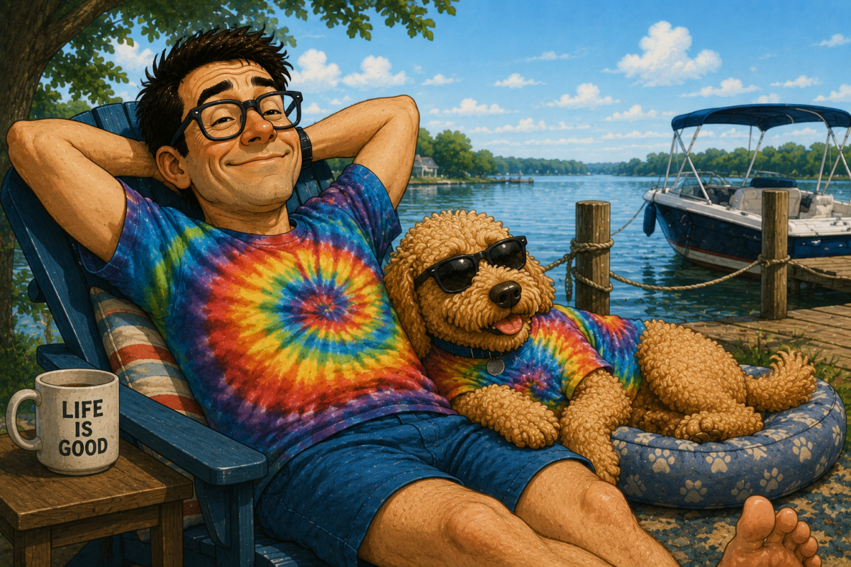 Man and dog relaxing on a lakeside dock, both in tie-dye shirts and sunglasses.