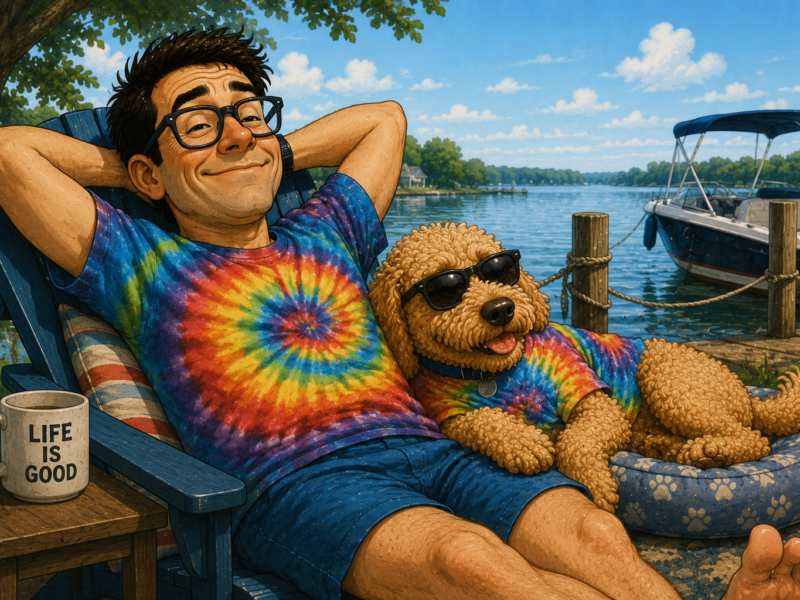 Man and dog relaxing on a lakeside dock, both in tie-dye shirts and sunglasses.