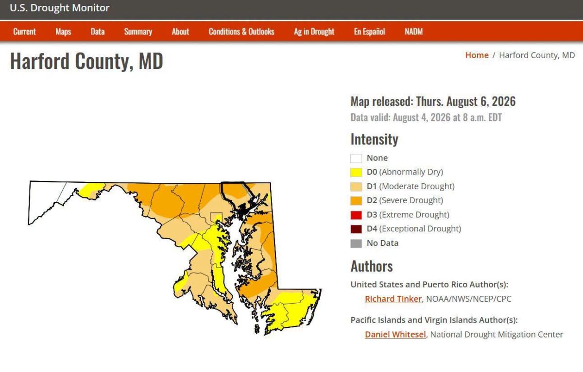 US Drought Monitor map of Harford County, Maryland with drought severity legend and release details.