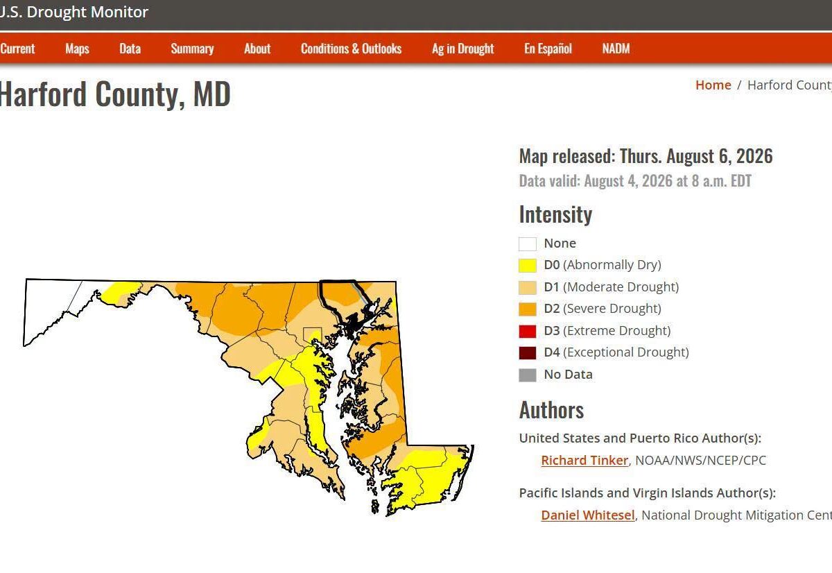 US Drought Monitor map of Harford County, Maryland with drought severity legend and release details.