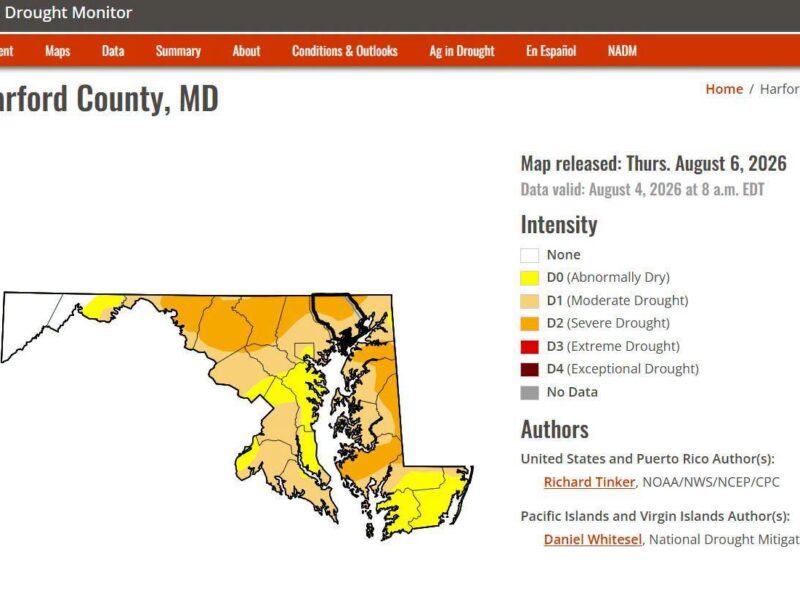 US Drought Monitor map of Harford County, Maryland with drought severity legend and release details.