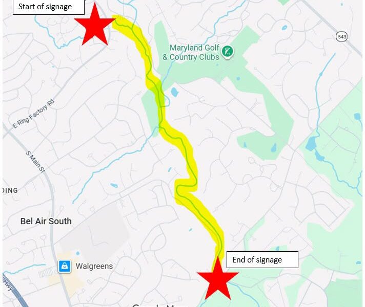 Google map showing a highlighted route between two red star markers labeled start and end of signage.