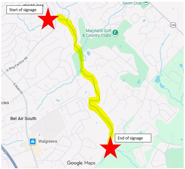 Google map showing a highlighted route between two red star markers labeled start and end of signage.