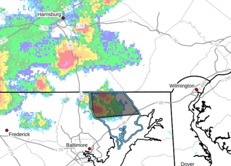 Weather radar map showing rain and storm cells over Maryland and Pennsylvania near Baltimore, Wilmington, and Harrisburg.