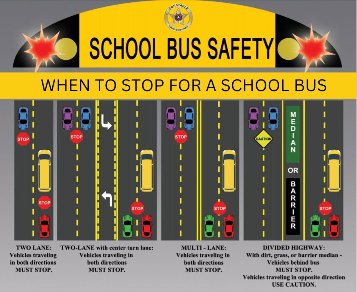 School bus safety chart showing when traffic must stop for a school bus on different road configurations.