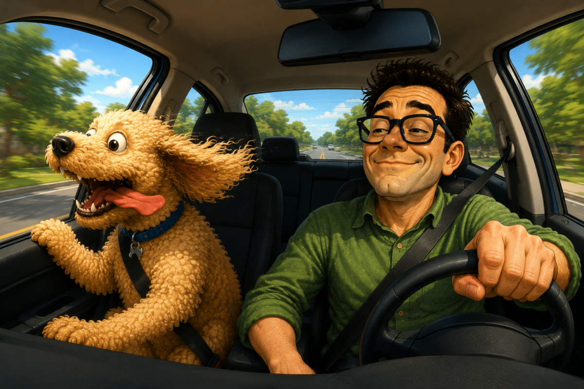 Smiling man drives with a panting dog riding in the passenger seat of a car