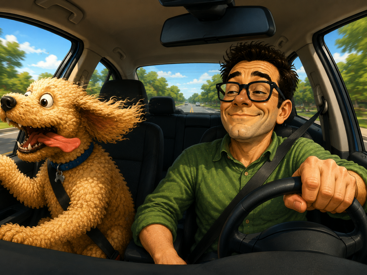 Smiling man drives with a panting dog riding in the passenger seat of a car