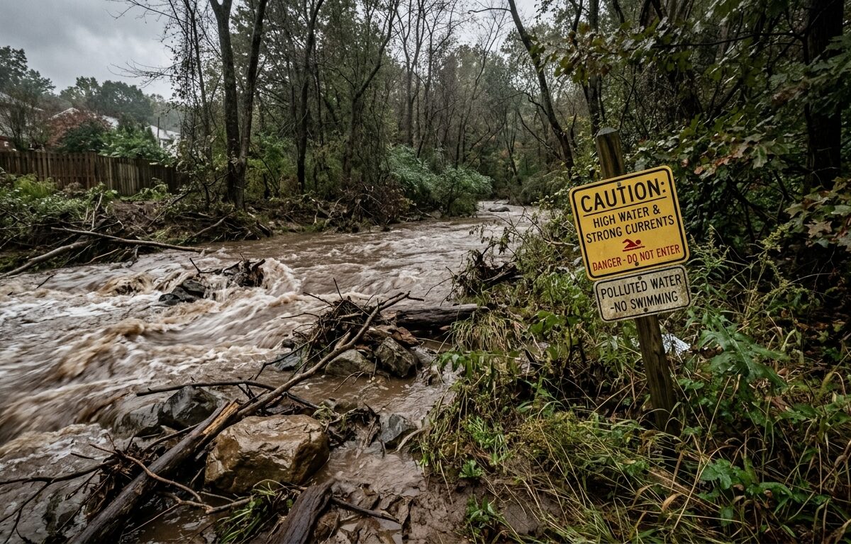 A murky, swollen creek flowing through a wooded suburban area after heavy rainfall, with turbulent brown water rushing over rocks and debris along the banks. Warning signs are posted on wooden stakes near the water's edge, partially obscured by overgrown vegetation. The sky above is overcast and gray, suggesting recent storms. The scene conveys environmental contamination and flood conditions, with a cautionary, documentary mood. Realistic photography style, natural lighting, slightly desaturated tones emphasizing the hazardous atmosphere.