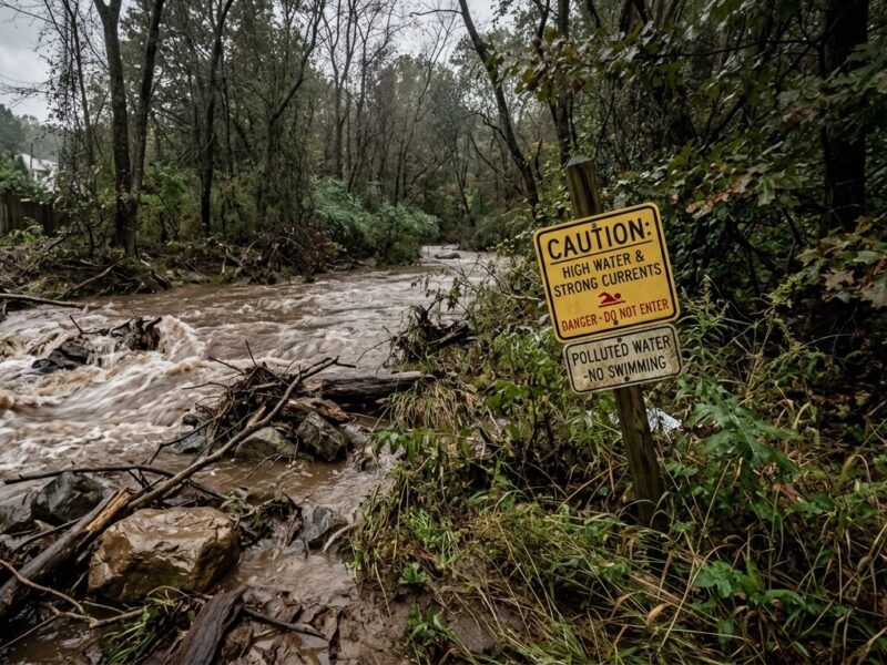 A murky, swollen creek flowing through a wooded suburban area after heavy rainfall, with turbulent brown water rushing over rocks and debris along the banks. Warning signs are posted on wooden stakes near the water's edge, partially obscured by overgrown vegetation. The sky above is overcast and gray, suggesting recent storms. The scene conveys environmental contamination and flood conditions, with a cautionary, documentary mood. Realistic photography style, natural lighting, slightly desaturated tones emphasizing the hazardous atmosphere.