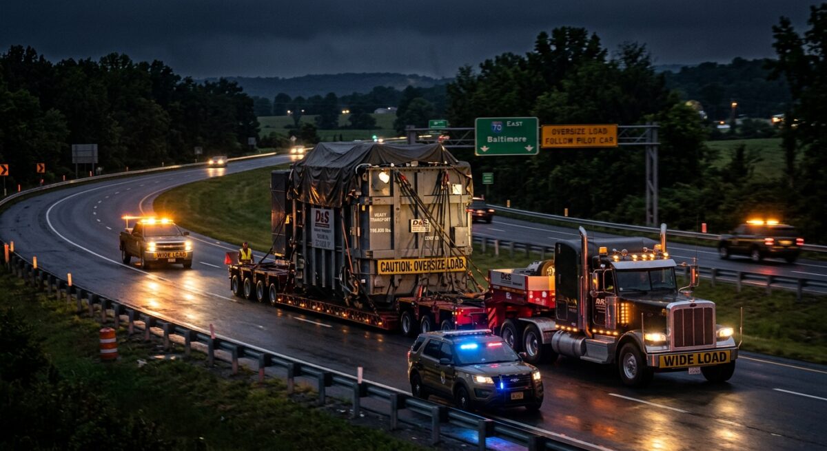 A nighttime highway scene in Maryland showing a massive industrial transformer being transported on a heavy-duty multi-axle flatbed trailer, illuminated by the glow of escort vehicle hazard lights and headlights. The transformer is enormous, dwarfing the trucks around it, with visible steel framing and utility markings. Escort vehicles with amber warning lights flank the load front and back, and a state highway patrol car is visible nearby. The road stretches through a semi-rural Maryland landscape with trees and distant road signs, wet asphalt reflecting the lights, evoking a sense of scale, caution, and nighttime logistics. Style: realistic, cinematic photojournalism, dramatic low-light composition, slight motion blur on background elements to convey slow-moving heavy transport.