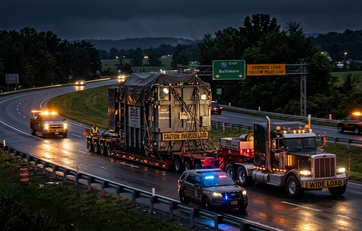 A nighttime highway scene in Maryland showing a massive industrial transformer being transported on a heavy-duty multi-axle flatbed trailer, illuminated by the glow of escort vehicle hazard lights and headlights. The transformer is enormous, dwarfing the trucks around it, with visible steel framing and utility markings. Escort vehicles with amber warning lights flank the load front and back, and a state highway patrol car is visible nearby. The road stretches through a semi-rural Maryland landscape with trees and distant road signs, wet asphalt reflecting the lights, evoking a sense of scale, caution, and nighttime logistics. Style: realistic, cinematic photojournalism, dramatic low-light composition, slight motion blur on background elements to convey slow-moving heavy transport.