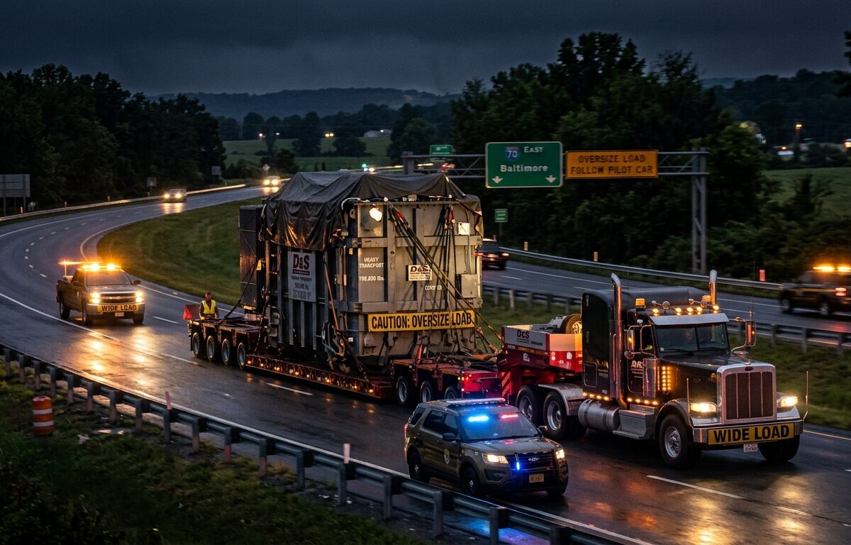 A nighttime highway scene in Maryland showing a massive industrial transformer being transported on a heavy-duty multi-axle flatbed trailer, illuminated by the glow of escort vehicle hazard lights and headlights. The transformer is enormous, dwarfing the trucks around it, with visible steel framing and utility markings. Escort vehicles with amber warning lights flank the load front and back, and a state highway patrol car is visible nearby. The road stretches through a semi-rural Maryland landscape with trees and distant road signs, wet asphalt reflecting the lights, evoking a sense of scale, caution, and nighttime logistics. Style: realistic, cinematic photojournalism, dramatic low-light composition, slight motion blur on background elements to convey slow-moving heavy transport.