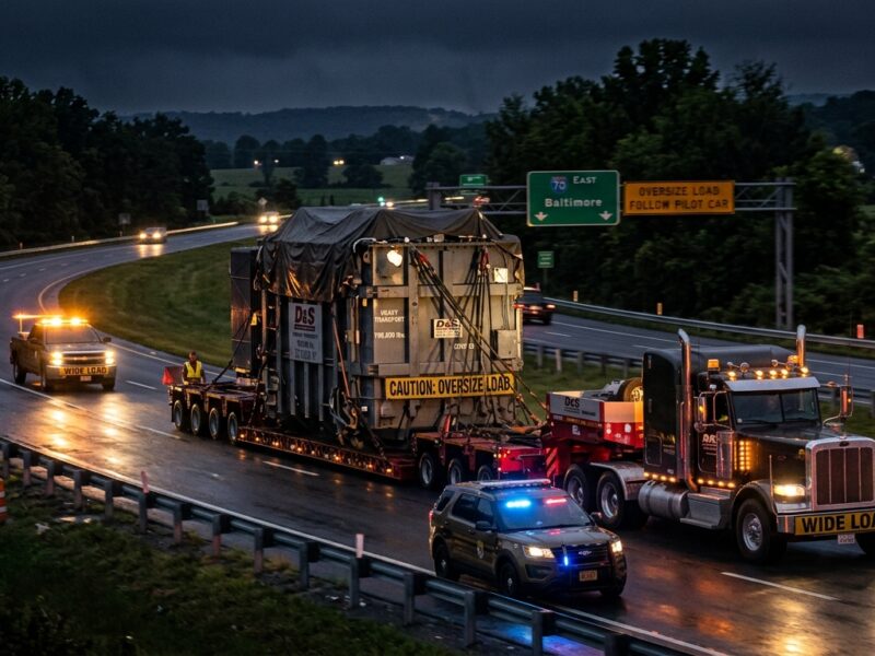 A nighttime highway scene in Maryland showing a massive industrial transformer being transported on a heavy-duty multi-axle flatbed trailer, illuminated by the glow of escort vehicle hazard lights and headlights. The transformer is enormous, dwarfing the trucks around it, with visible steel framing and utility markings. Escort vehicles with amber warning lights flank the load front and back, and a state highway patrol car is visible nearby. The road stretches through a semi-rural Maryland landscape with trees and distant road signs, wet asphalt reflecting the lights, evoking a sense of scale, caution, and nighttime logistics. Style: realistic, cinematic photojournalism, dramatic low-light composition, slight motion blur on background elements to convey slow-moving heavy transport.