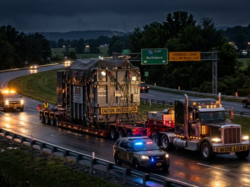 A nighttime highway scene in Maryland showing a massive industrial transformer being transported on a heavy-duty multi-axle flatbed trailer, illuminated by the glow of escort vehicle hazard lights and headlights. The transformer is enormous, dwarfing the trucks around it, with visible steel framing and utility markings. Escort vehicles with amber warning lights flank the load front and back, and a state highway patrol car is visible nearby. The road stretches through a semi-rural Maryland landscape with trees and distant road signs, wet asphalt reflecting the lights, evoking a sense of scale, caution, and nighttime logistics. Style: realistic, cinematic photojournalism, dramatic low-light composition, slight motion blur on background elements to convey slow-moving heavy transport.