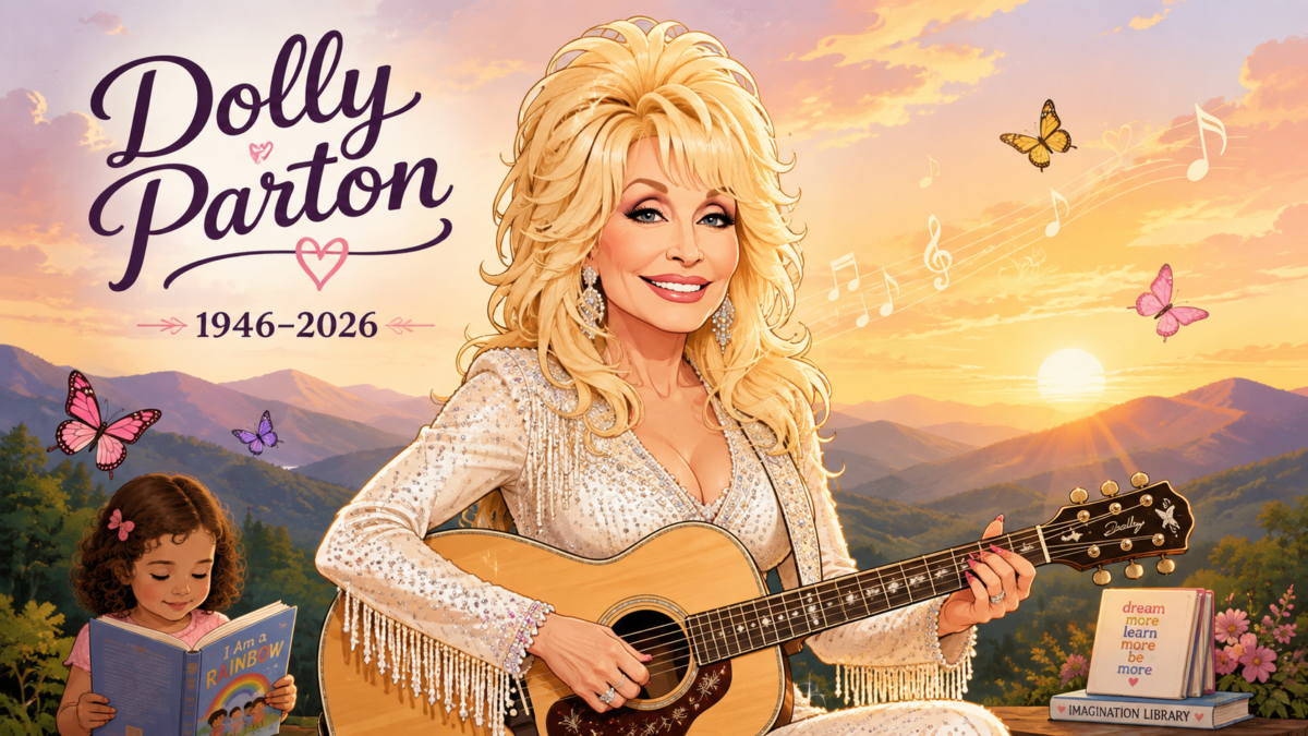 Dolly Parton plays acoustic guitar against a sunset mountain scene with butterflies and musical notes.