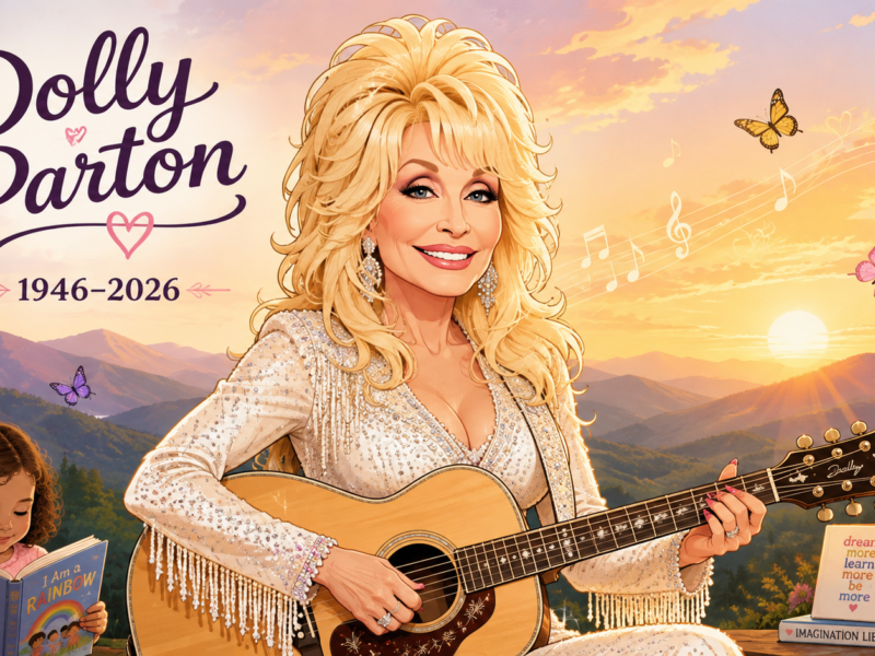 Dolly Parton plays acoustic guitar against a sunset mountain scene with butterflies and musical notes.