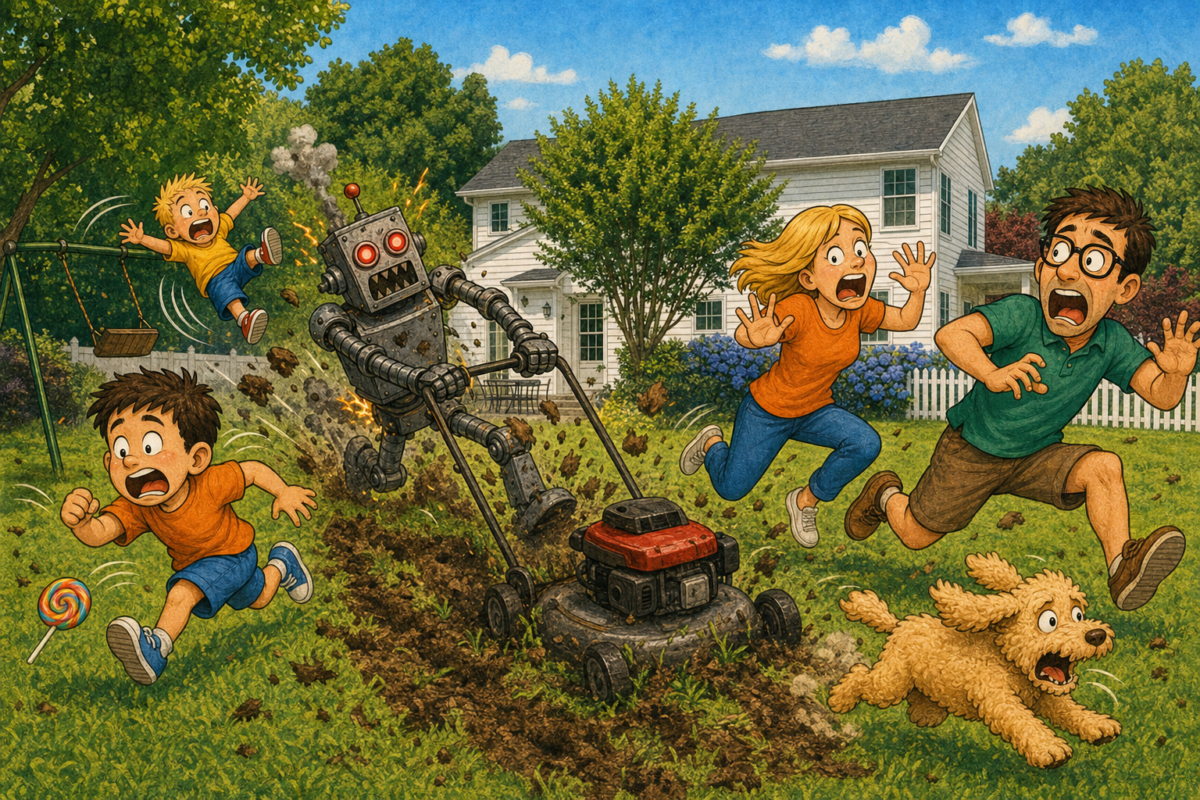 Robot mower chases a screaming family and dog through a backyard.