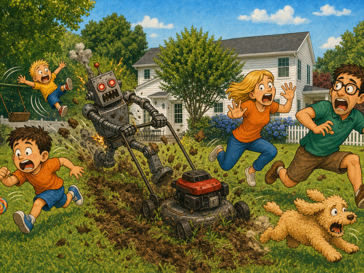 Robot mower chases a screaming family and dog through a backyard.