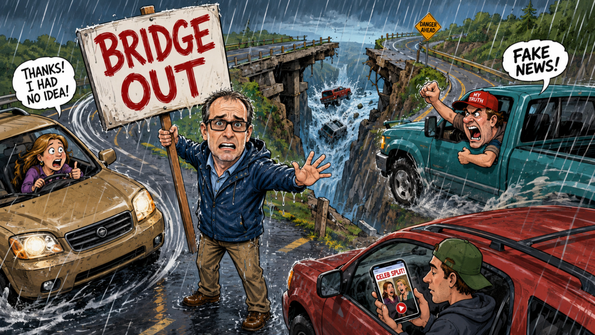 Cartoon protest scene at a broken bridge in heavy rain, with a man holding a "bridge out" sign between cars and a flooded roa