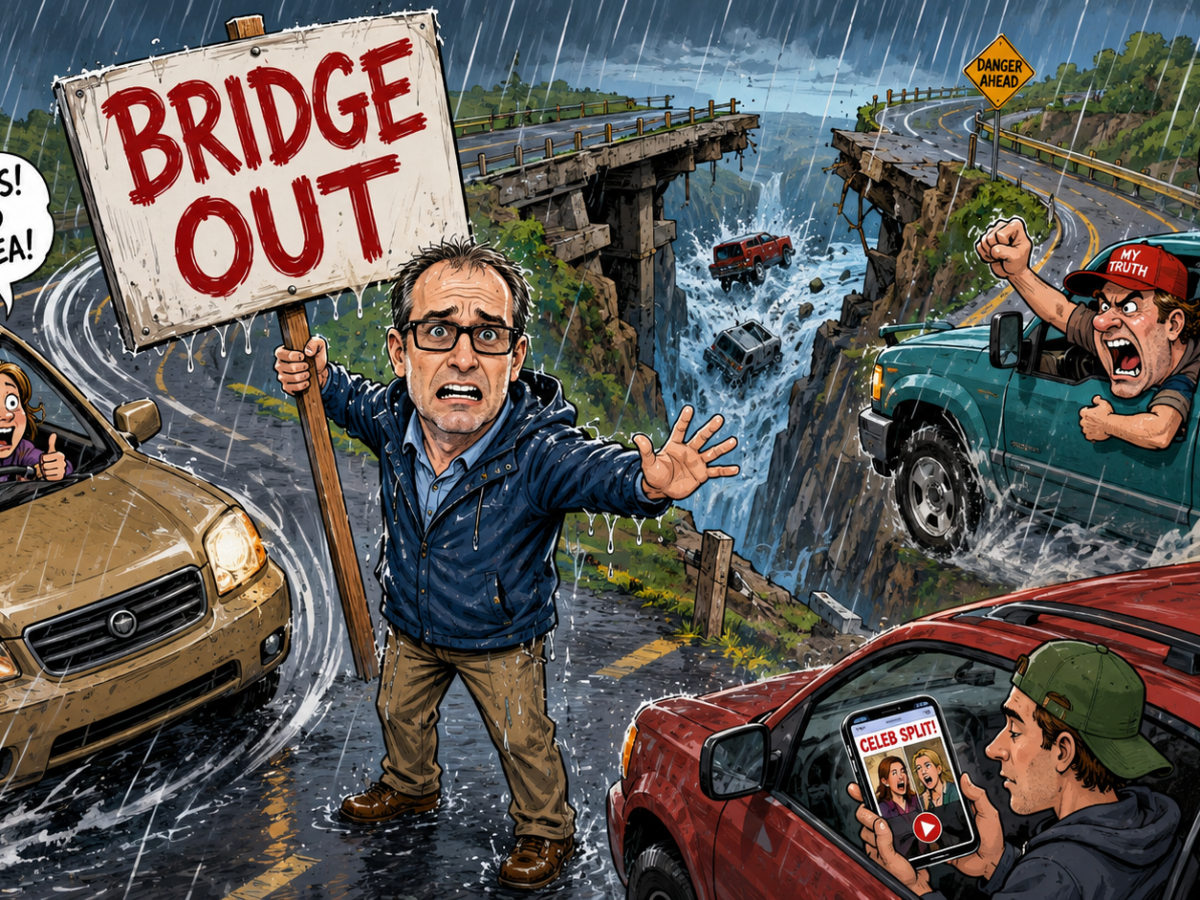 Cartoon protest scene at a broken bridge in heavy rain, with a man holding a "bridge out" sign between cars and a flooded roa