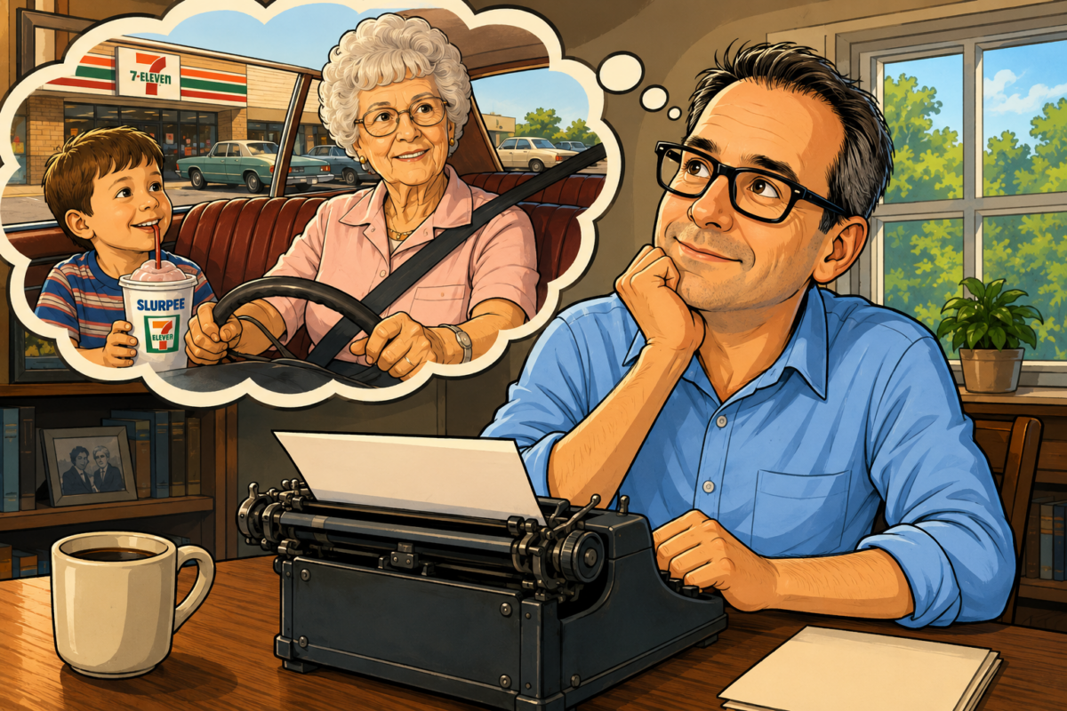 Man at a typewriter imagines an elderly woman driving with a boy in a 7-Eleven parking lot.