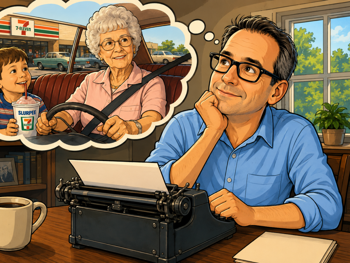 Man at a typewriter imagines an elderly woman driving with a boy in a 7-Eleven parking lot.