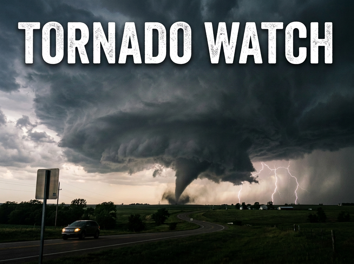 Tornado over rural fields with text reading Tornado Watch Severe Weather Alert