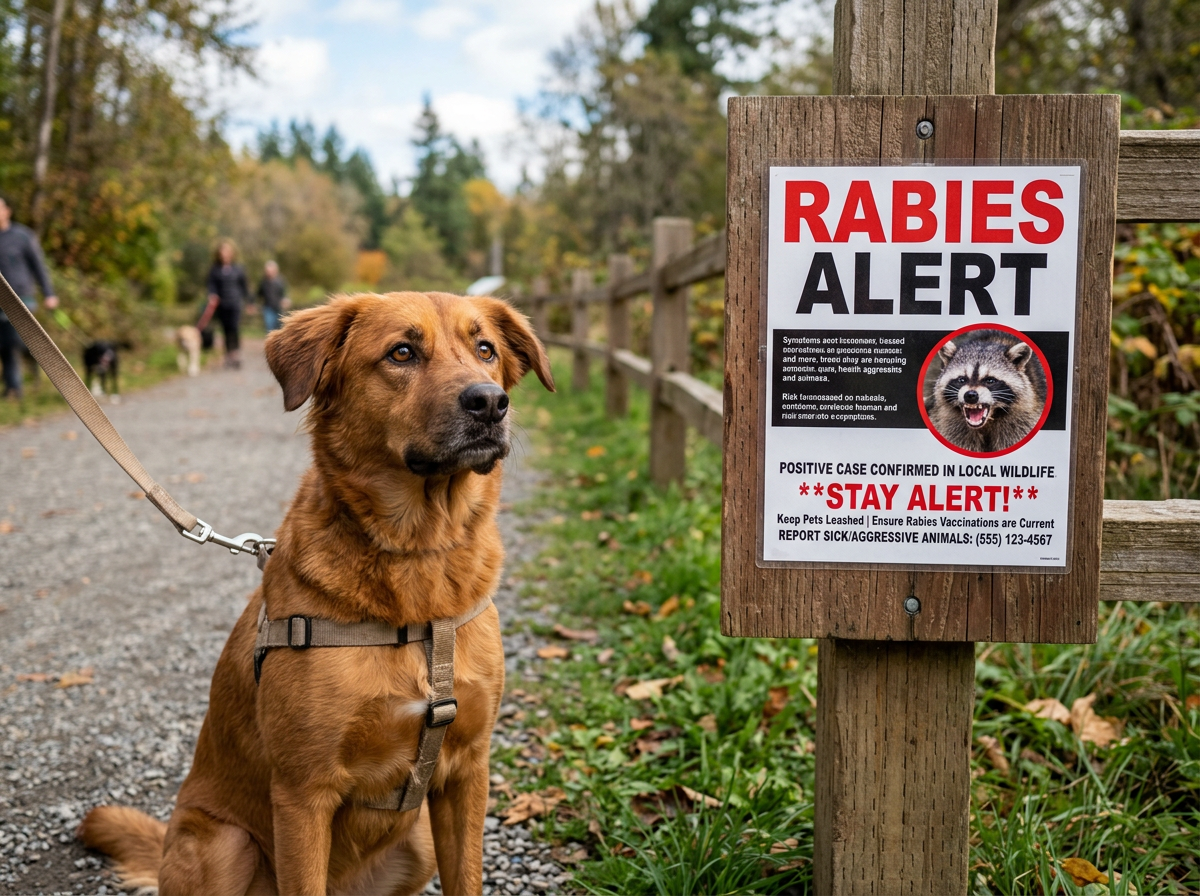 Leashed dog beside sign reading “RABIES ALERT” and “STAY ALERT”