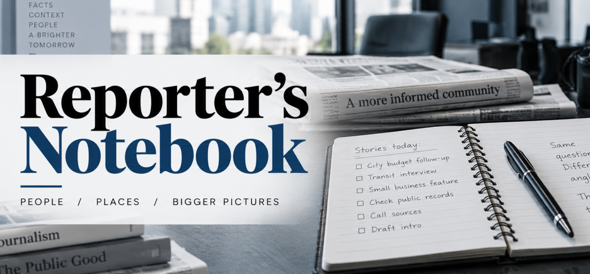 Reporter’s Notebook magazine-style cover on a desk with an open notebook, pen, and newspaper.