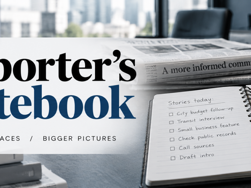 Reporter’s Notebook magazine-style cover on a desk with an open notebook, pen, and newspaper.