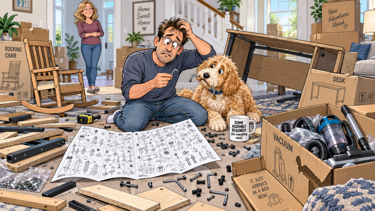 Man assembling furniture with a dog beside him while moving boxes and tools clutter the room.