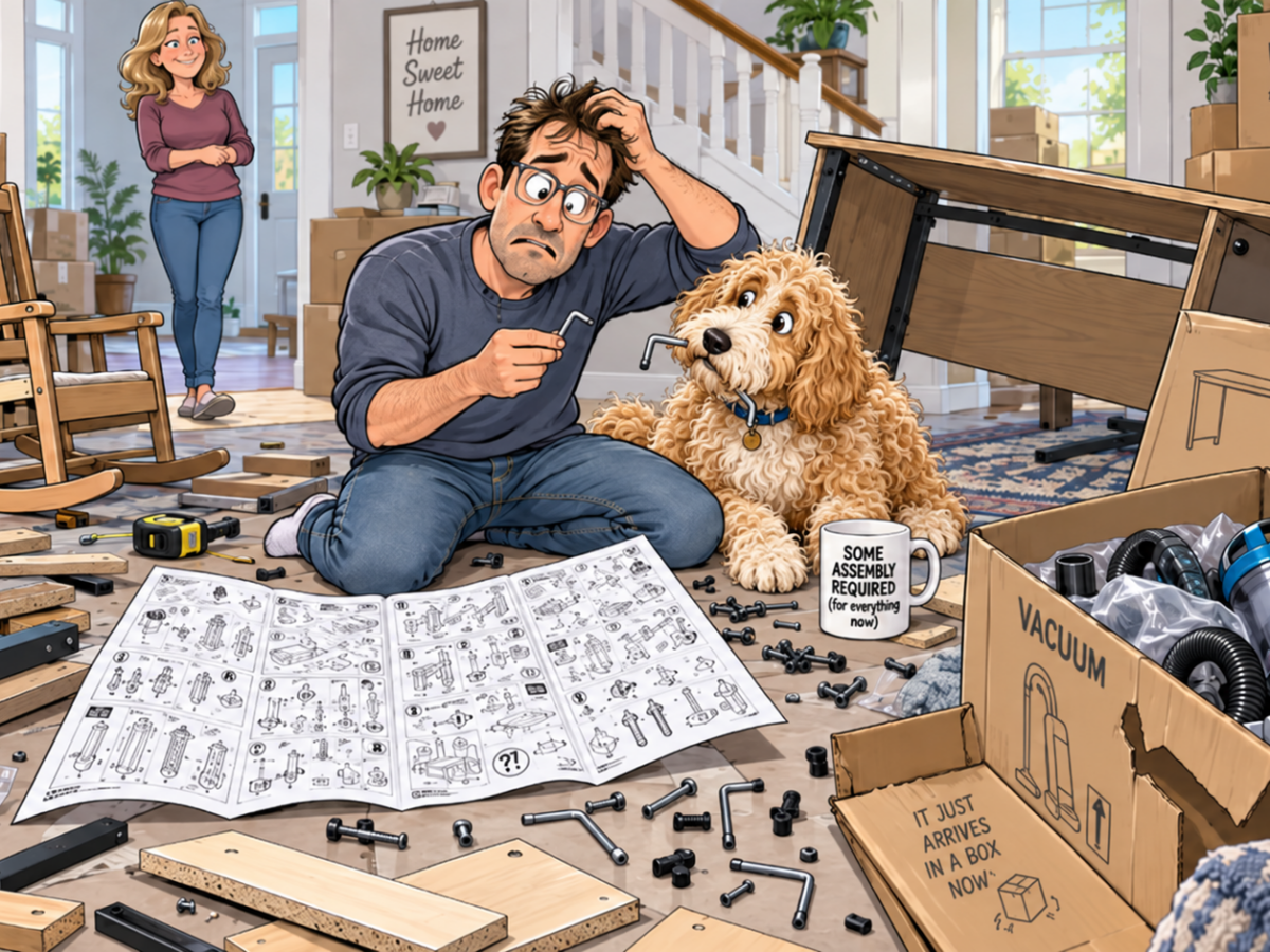 Man assembling furniture with a dog beside him while moving boxes and tools clutter the room.