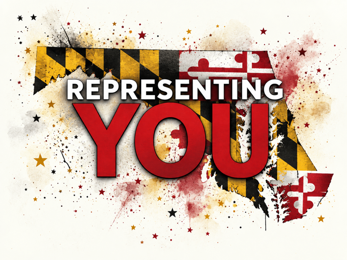 Bold text reading "REPRESENTING YOU" over a grungy Maryland flag graphic with stars and paint splatters.