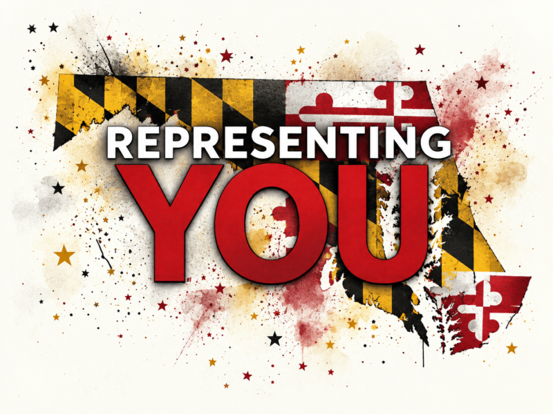 Bold text reading "REPRESENTING YOU" over a grungy Maryland flag graphic with stars and paint splatters.
