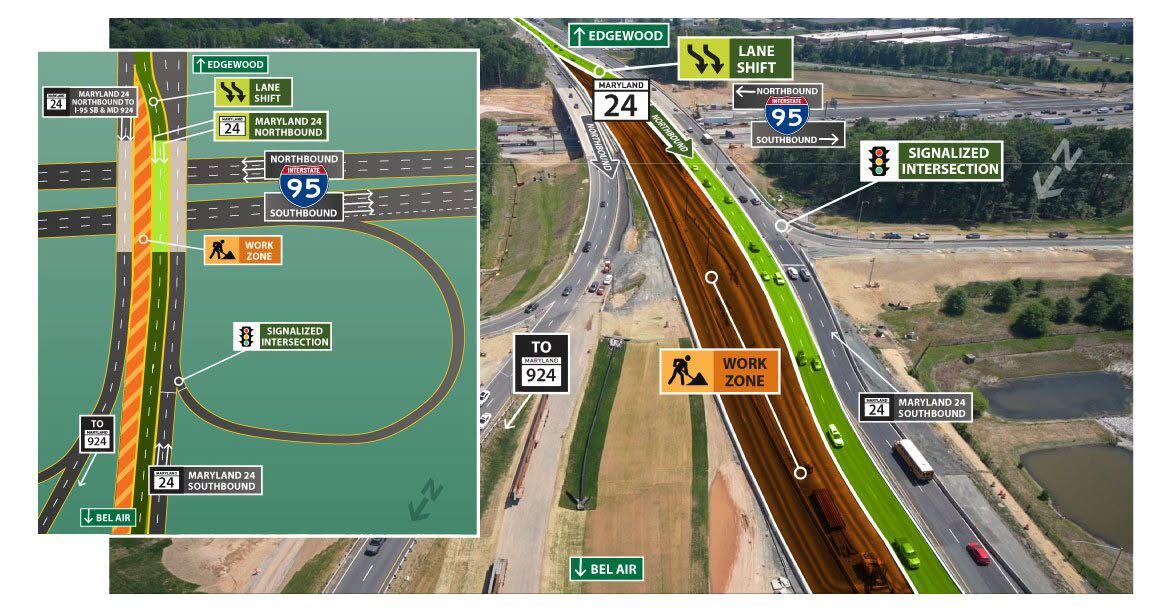 Highway construction detour map overlay shows lane shifts, work zone markings, and route signs along a freeway.
